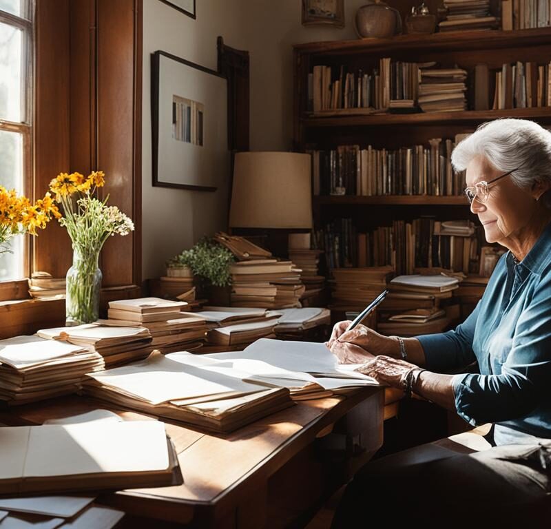 Paulette Jiles writing at a desk